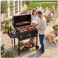 GUNJI Holzkohlegrill XXL Grill Holzkohle Smoker mit Thermometer, klappbare Ablagen & Rädern, Gartengrill mobiler Grill Outdoor Grill, Doppel-Seitenablagen, Grillfläche:71 x 43 cm für 8-12 Personen