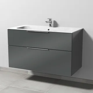 Sanipa 3way Keramik-Set Finion Keramik-Waschtisch und Unterbau mit 2 Auszügen, Anthrazit-Glanz UF40179