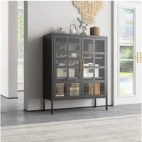 Mein-Regal Highboard GLASGOW, Schwarz Schrank Metall Vitrine Glastüren, Einlegeböden, Breite 90 cm