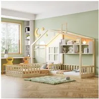 Merax Kinderbett 90x200cm/140x70cm Bodenbett mit LED-Lichtband (Kiefernholz, 1-tlg., Zwei Liegeflächen), Hausbett mit Regalen, Sicherheitsgitter, Lattenrost, Dach & Fenster