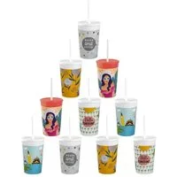 Engelland Kinderbecher Kunststoffbecher mit Deckel & Strohhalm, Bunte Mischung, 330 ml, 10-tlg., Kunststoff (BPA-frei), Trinkbecher, Partybecher, Kindergeburtstag, Plastikbecher, Mehrweg
