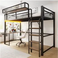 Celya Hochbett 90 x 200 cm, Mit Schreibtisch, LED-Beleuchtung und Steckdose (ohne Matratze, Mit Leiter und Sicherheitsgeländer) Mit Aufbewahrungsnetz, Abnehmbarem Ablagekorb