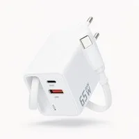 Alpha Electronics 65W GaN 3-Port USB C Ladegerät mit Einziehbarem Schnellladekabel Universal-Ladegerät (3250 mA, Spar-Set, 1-tlg., Kompaktes Reise-Netzteil für Smartphone, Tablet & Laptop Schwarz Weiß, 3-in-1 Schnellladegerät, PD Fast Charger mit USB