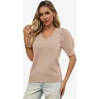 Imily Bela Stricktop Damen Halbarm Puffärmel V-Ausschnitt Top Stricken Sommer Casual (Packung, 1-tlg., 1per-Pack) gehäkelt in Unifarbe