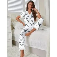 Elegant Love Pyjama Schlafanzug für Damen – gemütliche Loungewear mit Blumenmuster (Set, 2 tlg., Kurzarm-Oberteil und lange Hose) Eleganter Hausanzug im Set – weiche Nachtwäsche mit Print