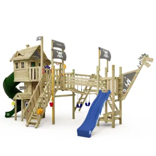 Spielturm Neverland Gold Edition - Großes Abenteuer-Baumhaus mit 210cm Podesthöhe, Turborutsche & Hängebrücke für den Garten - Prime Serie Wickey