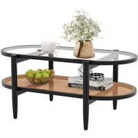 COSTWAY Couchtisch, Glas, Rattan, Holz Sofatisch mit Stauraum, 102x56x47cm