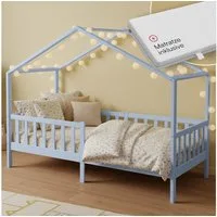 Bellabino Kinderbett Bia mit Rausfallschutz & Lattenrost (blau, mit Matratze), Kinderbett aus Kiefernholz, verfügbar in 80x160/90/120/140x200 cm