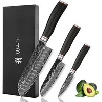 Wakoli Messer-Set Ebo 3er Damastmesser Set Küchenmesser Kochmesser 9 bis 18cm Klingen (Damastmesser mit Geschenkbox, 3-tlg., 3er Damastmesser-Set), aus 67 Lagen Damaststahl, VG10 Kern
