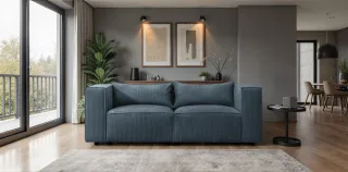 Sofa Designersofa NEVIO 2-Sitzer in Stoff Lincoln Blau