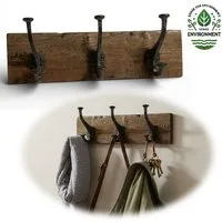 LS-LebenStil Wandgarderobe Vintage Teak Holz Wandgarderobe 38cm 3/6 Haken Jackenhalter Braun (Nachhaltige Wandgarderobe 3 Haken 3-fach Doppelhaken, 1 St., Stabile Gusseisen Kleiderhaken Hakenleiste Mäntel Jacken), Garderobenleiste Garderobenhaken Gar