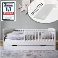 Kids Collective Kinderbett 70x140 cm mit Schublade, Lattenrost und Rausfallschutz in weiß, mit Bettkasten, Junior-Bett bis zum 6. Lebensjahr, mit Matratze