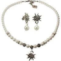 Alpenflüstern Ketten-Set Trachtenschmuck-Set Perlen-Trachtenkette und Perlen-Ohrstecker Strass-Edelweiß (creme-weiß), - Damen-Trachten-Schmuck, Trachtenset Dirndl-Kette und Trachten-Ohrringe