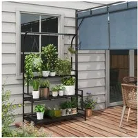Outsunny Pflanzentreppe Pflanzenständer Blumenständer mit 3 Ebenen, 6 Haken (Blumentreppe, 1 St., Blumenregel), für Garten, Balkon, Schwarz
