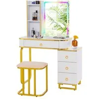 COSTWAY Schminktisch, mit 14 dimmbaren LED-Leuchten, USB-Anschluss, Hocker