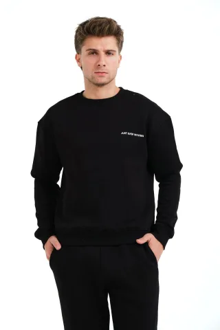 JUSTEVER Herren-Sweatshirt mit Rundhalsausschnitt, Stickerei, gefüttert mit Fleece-Innenseite, schwarz - Volar