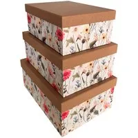 PapeRoom Geschenkbox 3er Set - Blumenwiese - naturbraun mit Blumenmuster - rechteckig