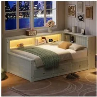 Merax Daybett 90x200cm mit LED-Beleuchtung (Sofabett Kinderbett Jugendbett Einzelbett, 1 tlg), Tagesbett Schlafsofa mit 3 Schubladen, Ablageflächen und Stauraum