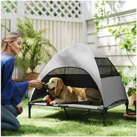 PawHut Tierbett mit Dach, waschbares Mesh Metallrahmen, Tragtasche, Polyester, Für große Hunde, für Draußen Camping 91x76x90cm, Hellgrau