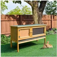 PawHut Kleintierstall Holz Kaninchenstall mit aufklappbarem Dach, auslaufsicherer Schale, für Kaninchen, Hühner, Enten Outdoor Hellgelb