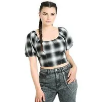 Hell Bunny Crop-Top April Retro Karo Kariert Rockabilly Puffärmel 50er