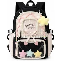 nsihing Kinderrucksack Kawaii Rucksack Mädchen mit Transparentem Fach & Stern Anhänger, Ästhetischer Rucksack für Mädchen, Schule, Alltag & Freizeit