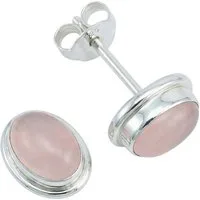 mantraroma Paar Ohrstecker SARALA oval klein aus 925 Silber mit Rosenquarz (Paar, Paar Ohrringe mit Schmuckbeutel), 925 Sterling Silber Ohrringe für Damen