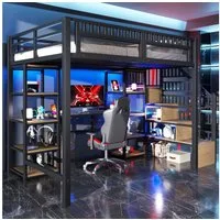 Odikalo Hochbett Multifunktionales Hochbett mit Schreibtisch & Stufenschrank (LED-Lichtleiste, USB-Anschluss inklusive,ohne Matratze, 90x200 140x200CM, schwarz/weiß) Metallgestell mit Holzoptik,Inklusive Lattenrost & Sicherheitsgeländer