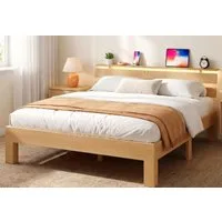 VASAGLE Bettgestell Massivholzbett mit LED&USB, 140/160/180cm, ergonomischer Rückenlehne, Bettgestell 140 x 200 cm, Kopfteilablage, hohe Stabilität, Naturfarben