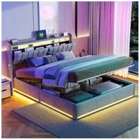 PXloue Polsterbett LED Doppelbett, Bettkasten, Ladefunktion, Samt, 140x190 cm