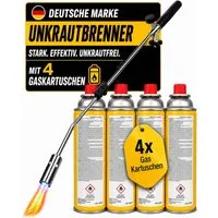 Fabona Unkrautbrenner Unkrautvernichter, 1100 °C maximal, (4-tlg., mit Piezozündung – professionelles Abflammgerät), inkl. 4-Gas-Kartusche