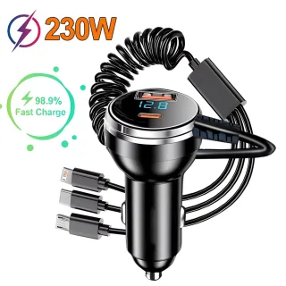 Car Charger 120W Fast Car USB Charger with Built-in Cable Digital Display Car Accessories Power Adapter for iPhone 15 14