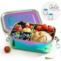 LEKKABOX Lunchbox Kinder Edelstahl Brotdose 1000ml - 3 Fächer auslaufsicher Bentobox, (1 Edelstahldose mit Deckel, 2 zusätzliche Clips mit Silikonschutz), Auslaufsicher dank Dichtung, mit 3 Fächern für trockene Lebensmittel