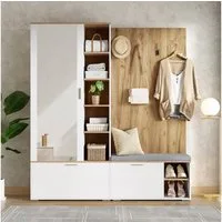 Merax Garderoben-Set Garderobenset, Schuhschrank mit Klappen, Sitzbank, (1-St., Kleiderschrank mit ausziehbarer Kleiderstange, 4 Haken, Spiegel), Garderobenständer
