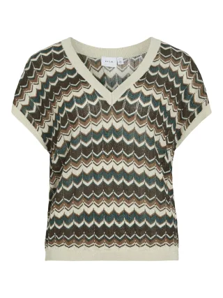 VILA - VIEMBER REV V-NECK S/S GLITTER KNIT/LC Birch - Gr. - M