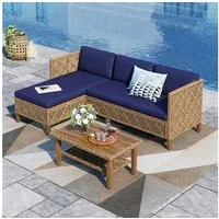 PHI VILLA Gartenlounge-Set, (1 Zweisitzer-Sofa, 1 Chaiselongue und 1 Kleiner Couchtisch, PE Rattan Lounge Möbel Outdoor), 4 Personen Terassenmöbel Außen Gartensofa, Beige und Dunkelblau