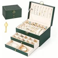 BlingBin Schmuckkasten Schmuckkästchen 3 Ebenen, Schmuckaufbewahrung mit 2 Schubladen (1er Set, 1 St., Schmuckschatulle, abschließbar, Tiefgrün), Schmuck Organizer mit Kettenhaken Ringrollen Ohrringfach Uhrenfach