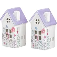 Levandeo® Teelichthalter 2er Set Windlicht Häuser Lila Porzellan Teelichthalter Blume Frühling