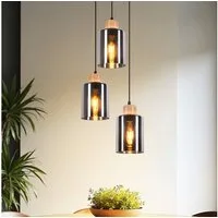 ZMH Pendelleuchte Holz 1/3/4 flammig,Hängelampe E27 aus Rauchglas, ohne Leuchtmittel, höhenverstellbare hängeleuchte für Esstisch und Esszimmer