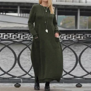 ZANZEA Women Long Sleeved Long Dress with Side Pockets Lace Patchwork Casual Long Maxi Dress for Spring Fall