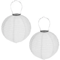 HAC24 LED Lampion 2x Deko Lampenschirm Lampe Party Garten Kugel Laterne, LED fest integriert, Weiss, Solar, Ø 20 cm, mit Haken zum Aufhängen