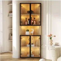 Flieks Glasvitrine Eckschrank mit LED-Beleuchtung und 4 Glastüren (1-St., B62/T44/H160 cm) Hochschrank Vitrine Holzoptik Mehrzweckschrank mit 5 Fächern