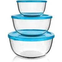 Arendo Salatschüssel 3er Set mit Deckel, Glasschüssel 1,1L / 2,7L / 4,4L, Glas Rührschüssel, Glas, (Set, 3-tlg), Glasschale, BPA-frei, Spülmaschinen- und mikrowellengeeignet