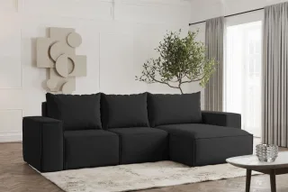 Ecksofa Designersofa ESTELLE in Stoff Opera Velvet Schwarz Ottomane Rechts