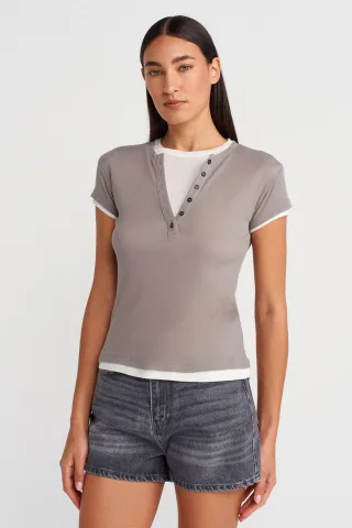 Damen Baumwoll V-Ausschnitt Knopf T-Shirt