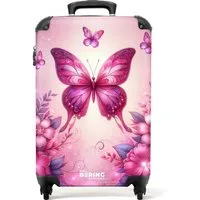 NoBoringSuitcases.com© Kinderkoffer Rosa Schmetterlinge zwischen rosa Blumen und Glitzer 55x35x20cm, 4 Rollen, Handgepäck-Koffer, Kinderkoffer, Reisekoffer Mädchen