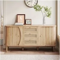 KLAM HOME Sideboard Rattankommode, Kommode mit Schiebetüren, mit verstellbaren Einlegeböden und abgerundeter Platte