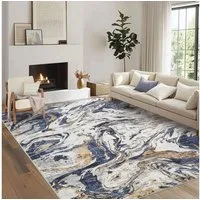 GarveeMore Teppich Waschbarer Falteppich, 350g/m² Florgewicht, TPR Rückseite Rutschfest, rechteckig, Höhe: 8 mm, Motiv "Wolken & Tinte", Blau/Grau/Braun für Wohnzimmer Schlafzimmer
