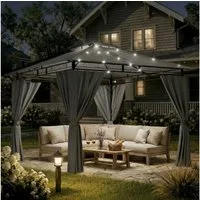 GUNJI Pavillon 300x300/400/600, UV-Schutz 50+, mit integrierter LED-Beleuchtung, (Mit LED-Beleuchtung, mit 4 Seitenwänden, geeignet für Feste, Veranstaltungen, Partys, bietet Platz für 4-10 Personen, grau), Doppelwandiges Gratenpavillon, mit abnehmba