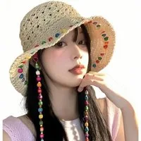 Zaewry Strohhut Sonnenhut Sommerhut Strandhut Straw hat, Damen faltbar, Einheitgröße Verziert mit bunten Holzperlen – Bohemian-Stil, UV-Schutz
